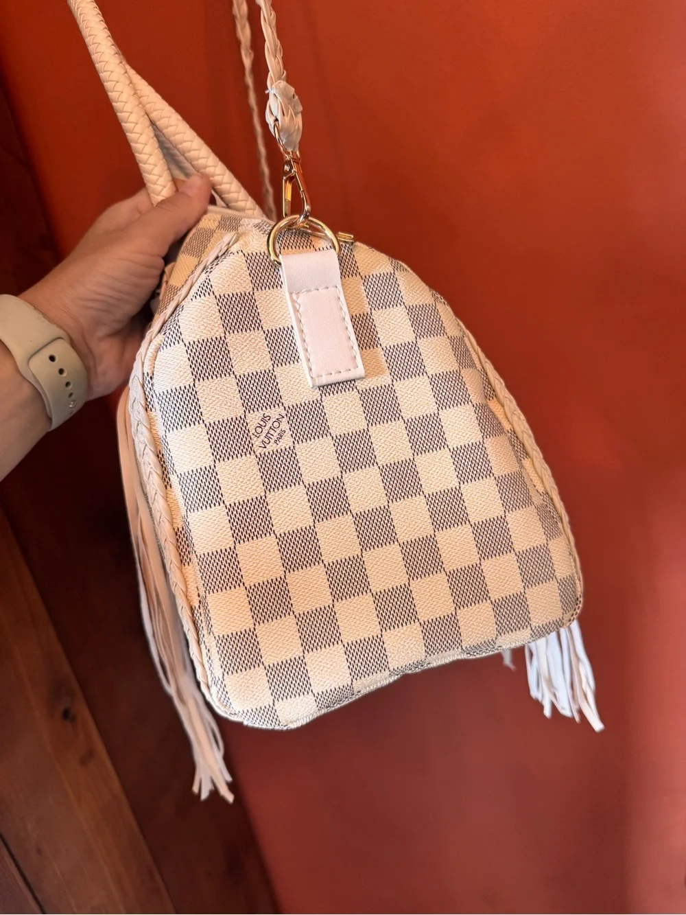 Louis Vuitton Ivory Checkered Satchel with Tassel Accents